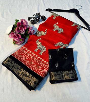 NavinyaVastra Printed Banarasi Jacquard Saree(Red)