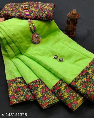 RAJCREATION Solid/Plain Chanderi Cotton Blend Saree(Light Green)