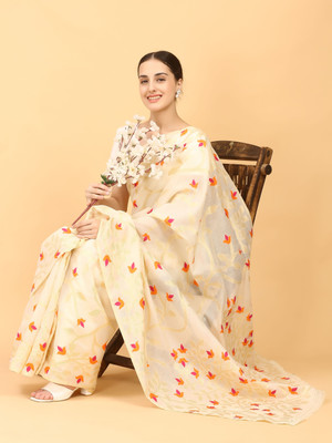 NIBIRAPON Floral Print, Woven Handloom Cotton Silk Saree(Beige)