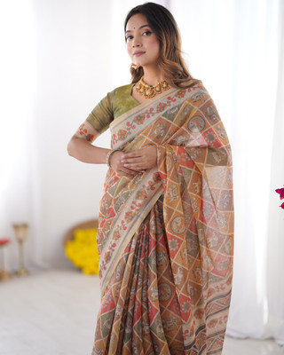 DHAYNAAND REEWA FASHION Digital Print Kalamkari Linen Saree(Multicolor)