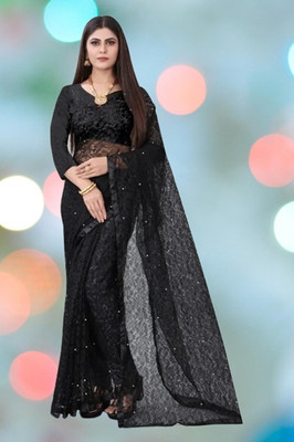 SwiftStyle Solid/Plain Bollywood Net Saree(Black)