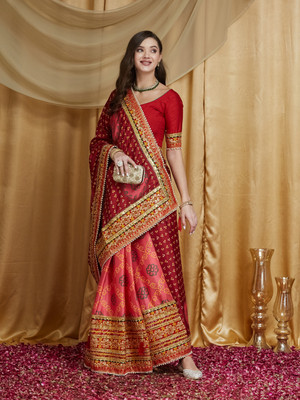 Tasrika Printed Bandhani Pure Silk Saree(Maroon, Pink)