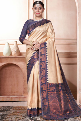 ROOP LAVANYA Woven Kanjivaram Jacquard, Art Silk Saree(Cream, Purple)