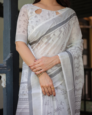 ALMAARI FASHION Digital Print Handloom Cotton Blend Saree(White)