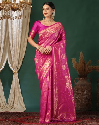 SIRIL Woven, Embellished Kanjivaram Silk Blend, Jacquard Saree(Magenta, Gold)