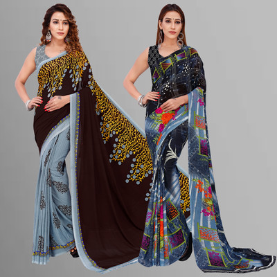 Anand Sarees Floral Print Daily Wear Georgette Saree(Pack of 2, Grey, Brown, Multicolor)