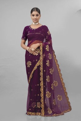 KHRITI FAB Embroidered, Floral Print Bollywood Net Saree(Purple)