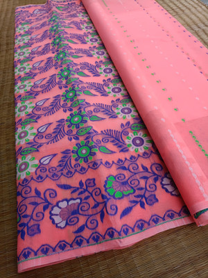 KhayaFashion Woven Tant Pure Cotton Saree(Pink)