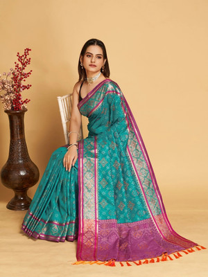 Verviza Woven, Embellished Patola Pure Silk Saree(Light Blue)