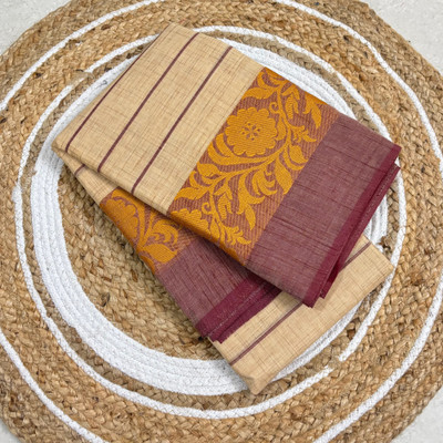 PK TRENDY COLLECTIONS Striped, Woven, Self Design Chettinadu Handloom Pure Cotton Saree(Cream)