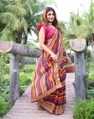 YASHIKA Printed Bollywood Georgette, Lace Saree(Pink)
