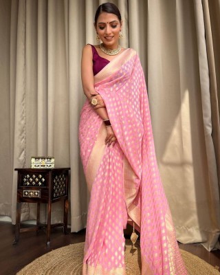 KRIYANSH Self Design, Woven, Applique, Printed, Temple Border, Striped Kanjivaram Jacquard, Cotton Blend Saree(Pink, White)