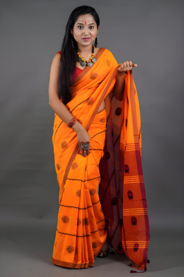 UR Affection Self Design Handloom Pure Cotton Saree(Yellow, Red)