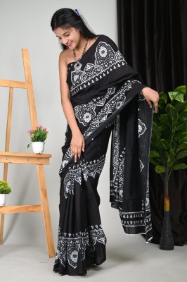 BLOCK PRINTED COTTON SAREE Printed Handloom Pure Cotton Saree(Black)