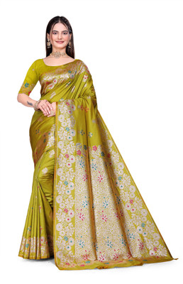 GHODTEXTILE Woven, Self Design, Floral Print, Temple Border Banarasi Pure Silk Saree(Yellow)