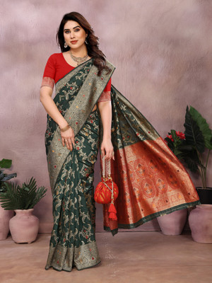 Emv Everymoment Vouge Woven Kanjivaram Art Silk Saree(Dark Green, Red)
