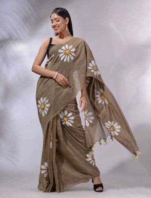 GLOWMOROUS Floral Print Handloom Pure Cotton Saree(Brown)