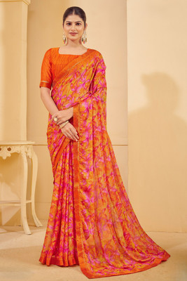 SainiVastra Floral Print Bollywood Chiffon Saree(Orange)