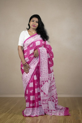PriorityPoint Printed Daily Wear Pure Cotton Saree(Pink, White)