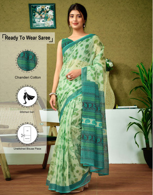 Satrani Floral Print, Geometric Print, Printed Sambalpuri Chanderi, Cotton Blend Saree(Green)