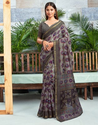 Samah Floral Print, Geometric Print, Embellished Daily Wear Cotton Blend Saree(Beige, Multicolor)