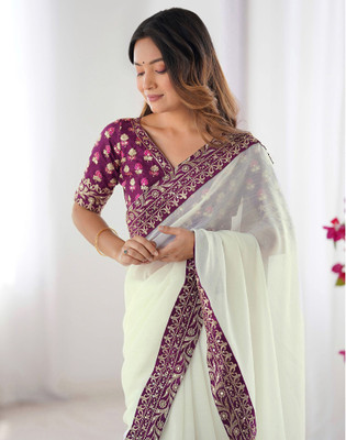 Satrani Embellished, Embroidered Bollywood Chiffon, Georgette Saree(White)