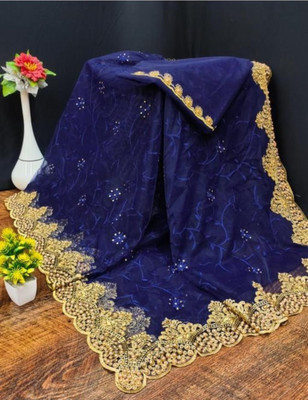 Zenomics Embroidered, Embellished Bollywood Net Saree(Blue)