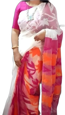 Trenddist Self Design Jamdani Cotton Blend Saree(White)