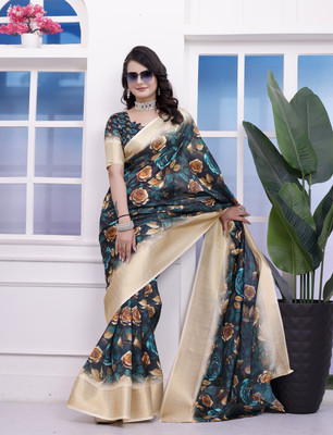 sadika Floral Print Bollywood Dupion Silk Saree(Black)