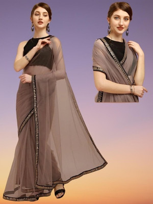 RE Renny Enterprise Self Design Bollywood Net Saree(Beige)