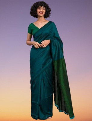 BRYNBRIT Solid/Plain Handloom Cotton Blend Saree(Green)