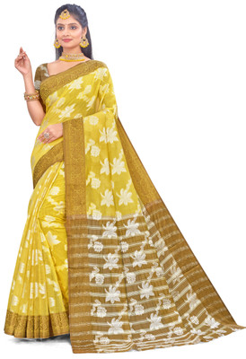 Gita Textiles Self Design, Woven Chanderi Cotton Blend Saree(Yellow)