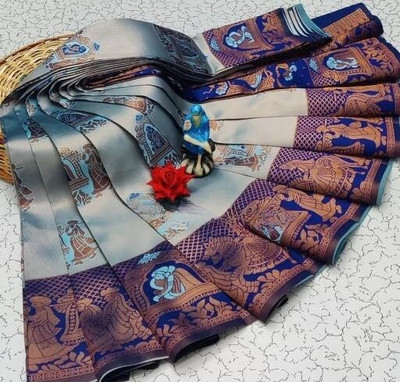 Harshiv Textile Printed Banarasi Art Silk Saree(Blue)