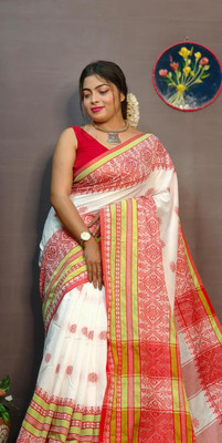 Anjali textile Self Design Bollywood Pure Cotton Saree(White, Red)