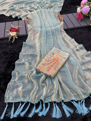 BELLETRENDZ Embroidered Bollywood Silk Blend Saree(Blue)