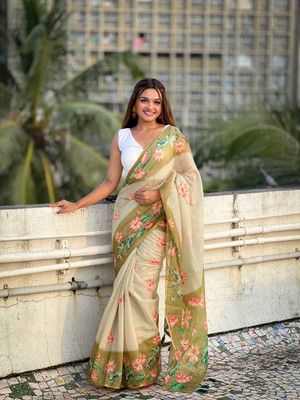 Anjaneya Sarees Printed Bollywood Linen Saree(Green)