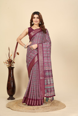 J6 Designers Self Design, Checkered, Printed, Floral Print, Woven Bhagalpuri Cotton Silk Saree(Purple)