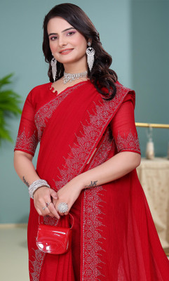 SARANGFEB Solid/Plain, Embellished Bollywood Art Silk Saree(Red)