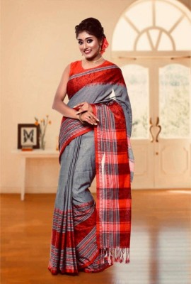 Rnn Saree Embroidered Handloom Pure Cotton Saree(Grey, Red)