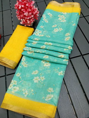 PRTRENDZ Printed Kanjivaram Linen, Cotton Linen Saree(Light Green, Yellow)