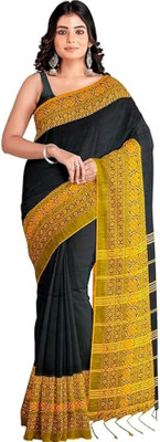 Amita Collections Woven Handloom Cotton Blend Saree(Black, Yellow)