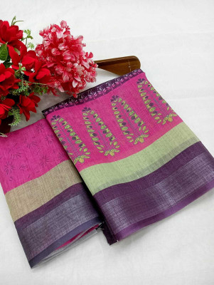 HouseOfCommon Printed Kanjivaram Linen, Cotton Linen Saree(Magenta)