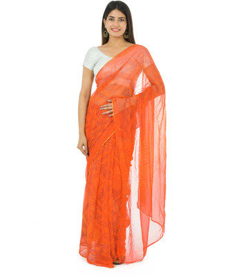 pk hub Hand Painted Bollywood Chiffon Saree(Orange)