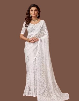 Nexafashion Solid/Plain Bollywood Net Saree(White)