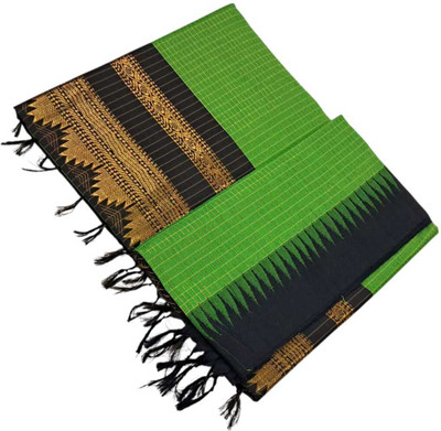 sri amman sarees Woven, Checkered Gadwal Cotton Blend Saree(Dark Green)