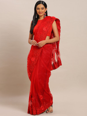 Sangria Embroidered Saree with Attached Blouse Net Saree(Red)
