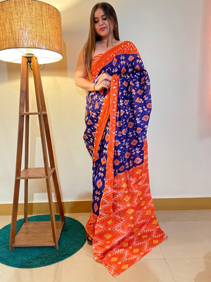Tasrika Printed Ikkat Cotton Blend Saree(Blue)