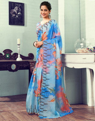 all about you Floral Print, Printed Kota Doria Cotton Blend Saree(Blue, Multicolor)