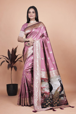 Trushna Fashion Printed Banarasi Pure Silk Saree(Pink)
