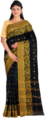 SABITA CUSTOMERY Self Design Handloom Pure Cotton Saree(Black, Yellow)